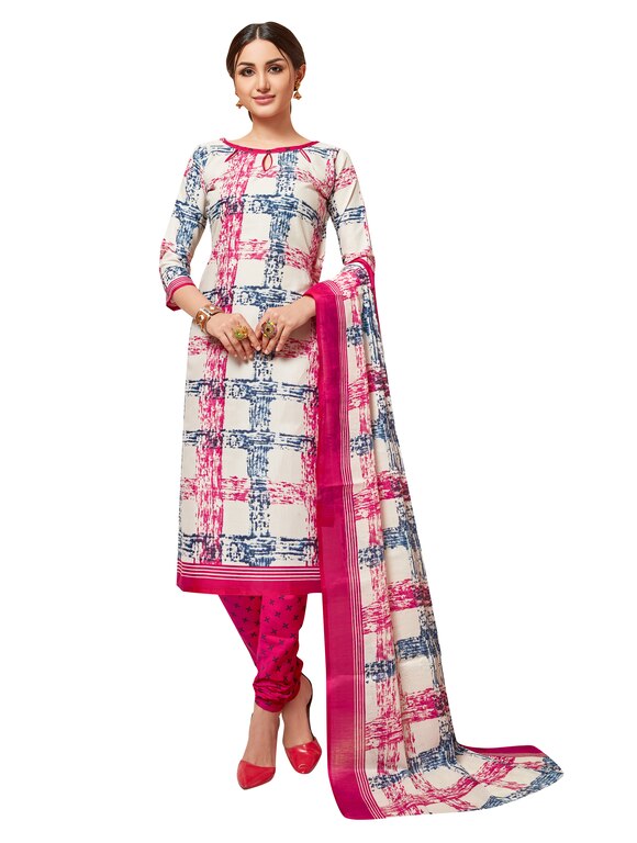 Viva N Diva Off White, Pink, Blue Colored Cotton Printed Salwar Suit